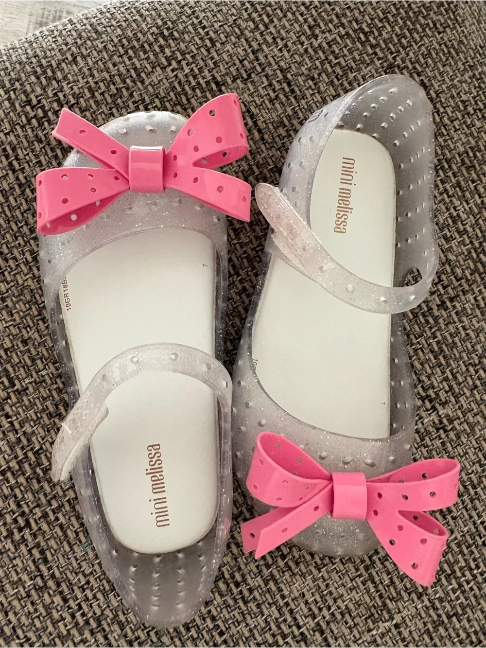 Mini Melissa Clear Glitter Jelly Flats with Pink Bow Accents